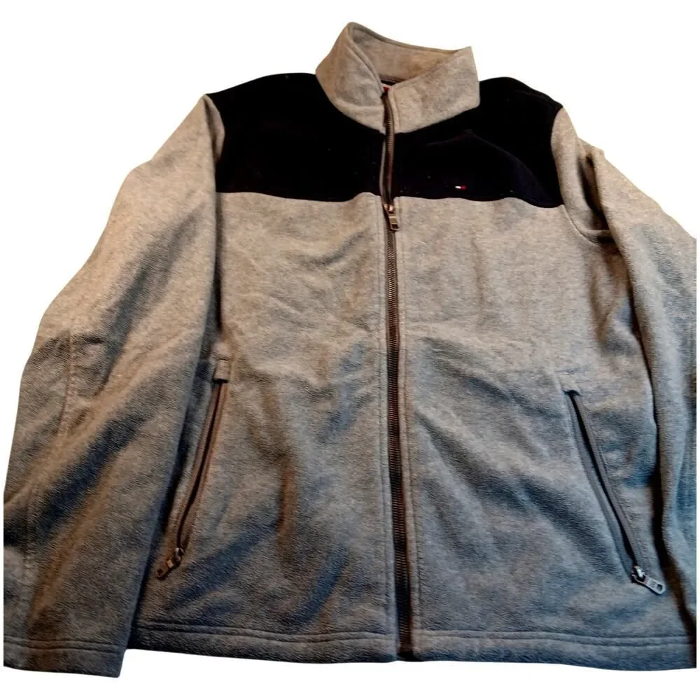 Tommy Hilfiger Men's Gray & Black Long Sleeve Zippered Fleece Jacket - Large